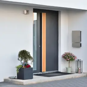 Moderne Haustür in Anthrazit mit Holzstreifen am Hauseingang mit Pflanzen